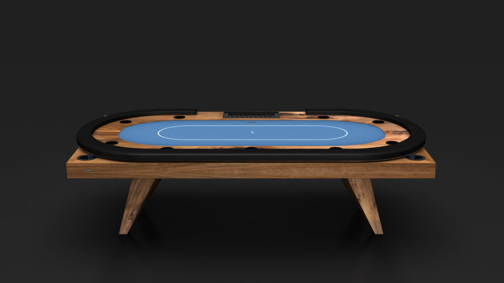 The Trigon Oval Poker Table showcases a modern wooden design with blue felt, a black cushioned rail, cup holders, sturdy angled legs, and is presented against a plain dark background.