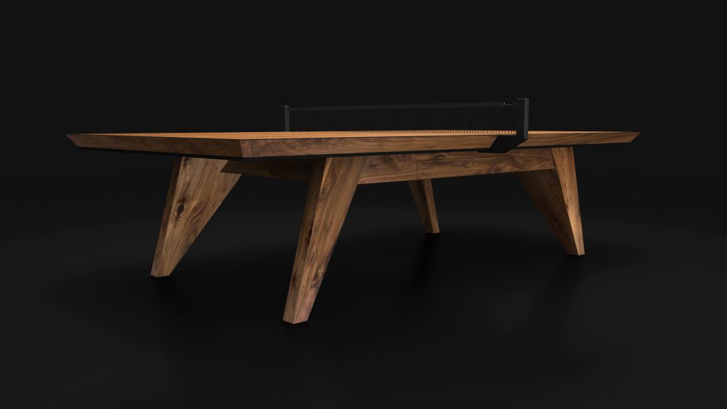 The Trigon Ping Pong Table, with its sleek wooden design, features angled legs and a black net, seamlessly blending functionality with modern aesthetics against a dark backdrop.