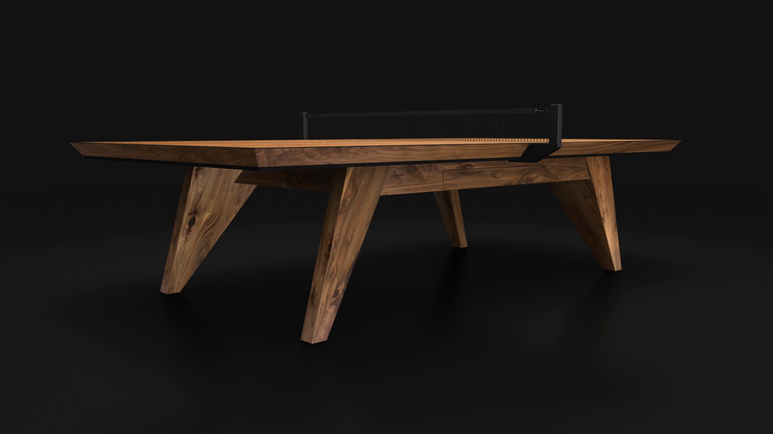 The Trigon Ping Pong Table, with its sleek wooden design, features angled legs and a black net, seamlessly blending functionality with modern aesthetics against a dark backdrop.
