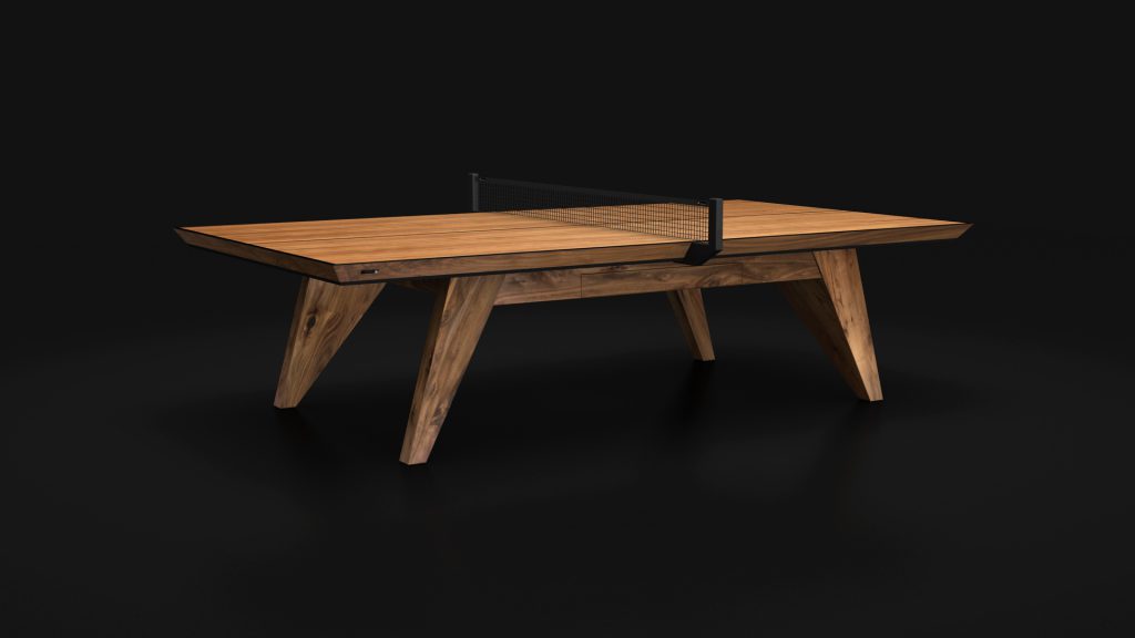 The Trigon Ping Pong Table is a chic wooden table featuring a polished finish and minimalist design, with angular legs and a simple net. Perfect for table tennis, it stands against a black background, exuding elegance.