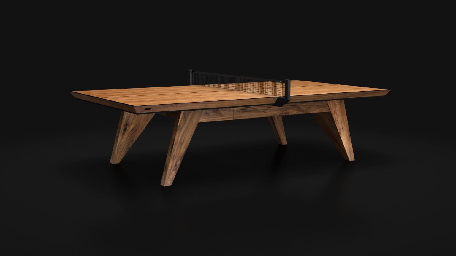 The Trigon Ping Pong Table is a chic wooden table featuring a polished finish and minimalist design, with angular legs and a simple net. Perfect for table tennis, it stands against a black background, exuding elegance.