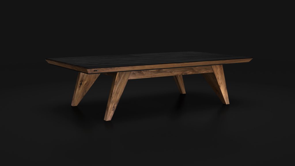 The Trigon Convertible Pool / Dining / Ping Pong Table features a modern wooden design with a sleek black top and angled legs, set against a dark background. It blends minimalist aesthetics with sophistication and multifunctionality.