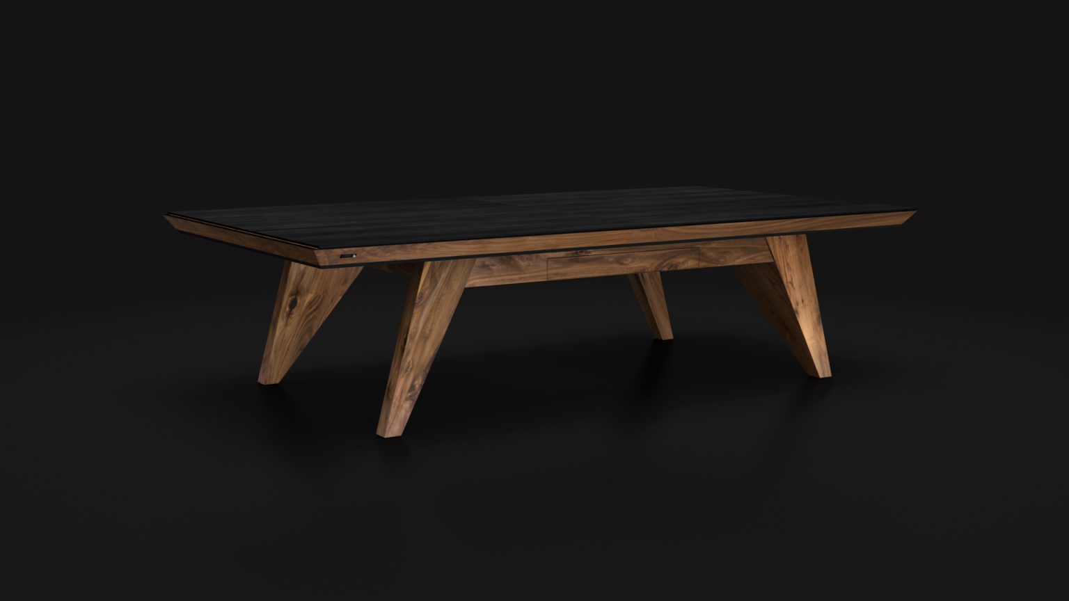 The Trigon Convertible Pool / Dining / Ping Pong Table features a modern wooden design with a sleek black top and angled legs, set against a dark background. It blends minimalist aesthetics with sophistication and multifunctionality.