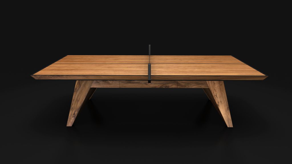 Discover the Trigon Ping Pong Table, a sleek modern marvel that effortlessly transitions from dining to gaming. Its elegant wooden design with geometric legs and a ping pong net offers a contemporary flair on a sophisticated black backdrop.