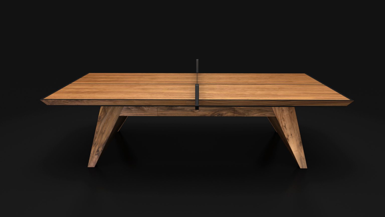 Discover the Trigon Ping Pong Table, a sleek modern marvel that effortlessly transitions from dining to gaming. Its elegant wooden design with geometric legs and a ping pong net offers a contemporary flair on a sophisticated black backdrop.