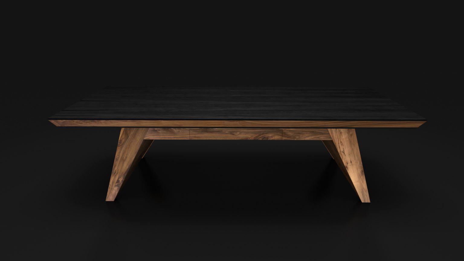 A modern coffee table against a dark background echoes the sleek design of the luxurious Trigon Convertible Pool/Dining/Ping Pong Table, with its minimalist elegance and natural wood grain that seamlessly blend style and functionality.