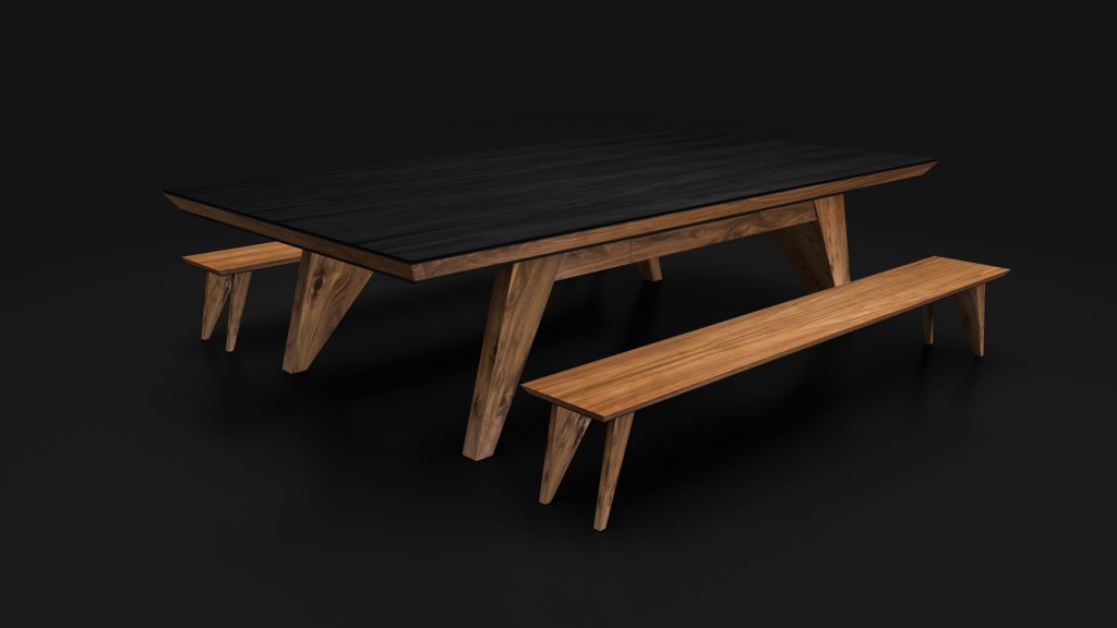 A modern luxury dining table with a dark top and light brown angled legs includes two matching benches, resembling the Trigon Convertible Pool / Dining / Ping Pong Table, all set against a sleek black background.