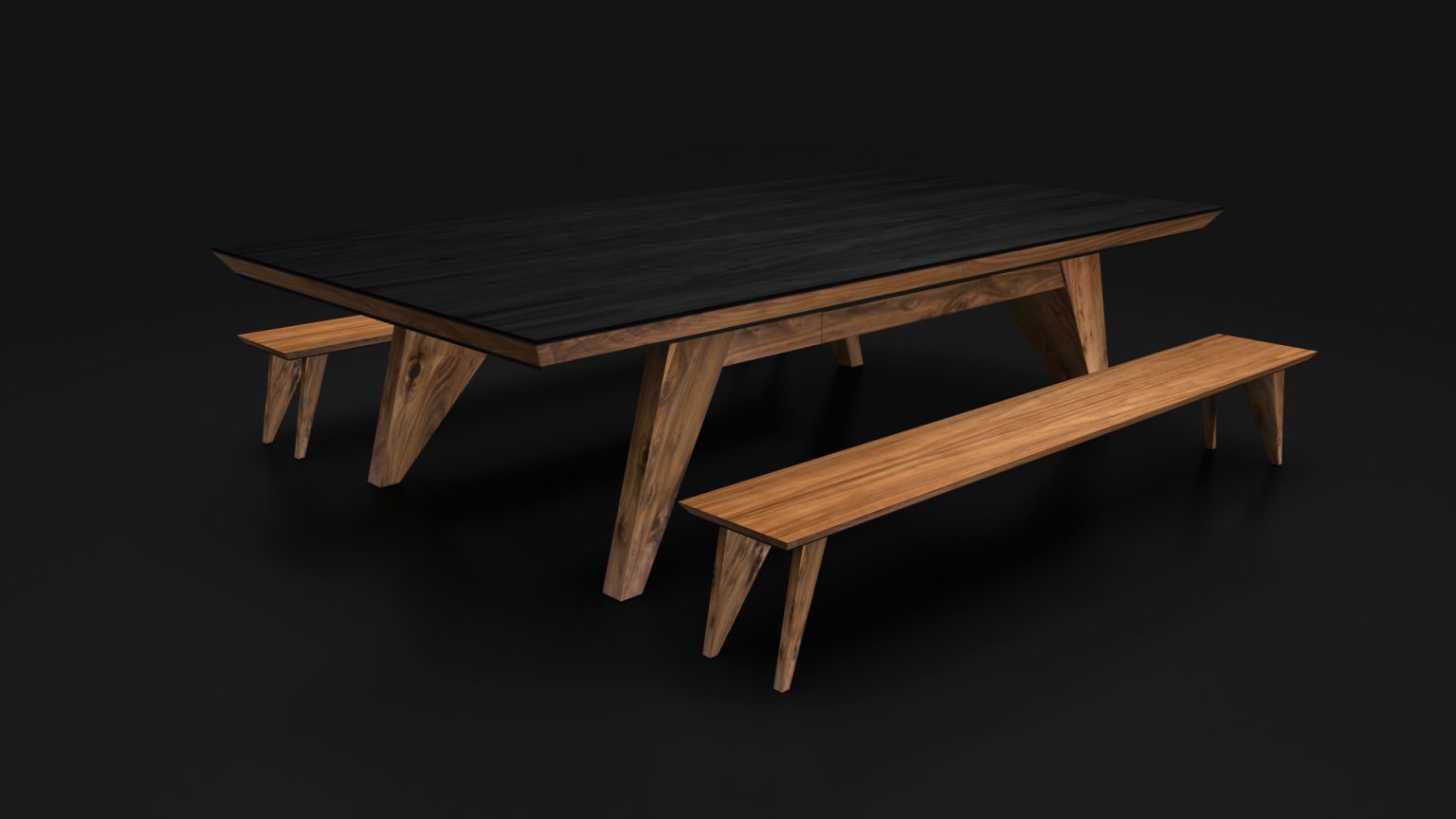 A modern luxury dining table with a dark top and light brown angled legs includes two matching benches, resembling the Trigon Convertible Pool / Dining / Ping Pong Table, all set against a sleek black background.