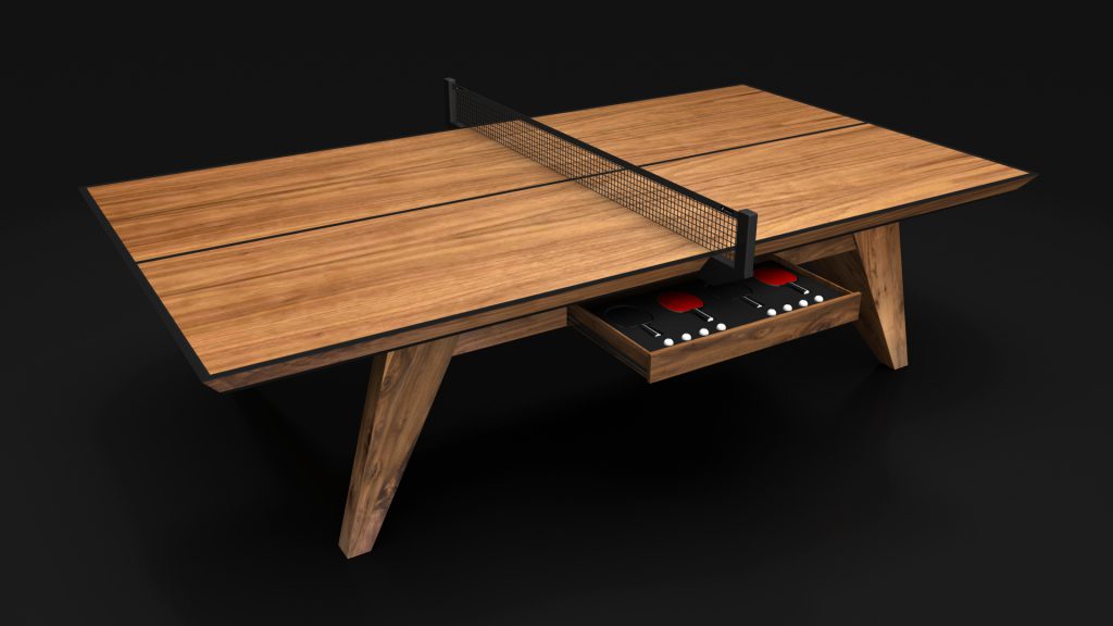 The Trigon Ping Pong Table boasts a sleek, modern wooden design with a black net and a convenient drawer for paddles and balls. Its elegant style stands out beautifully against dark backgrounds, adding sophistication to any space.