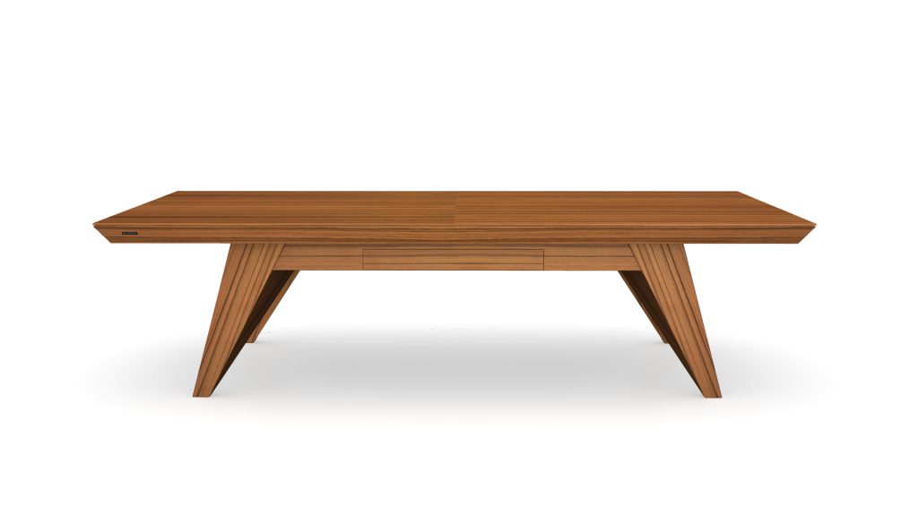 The Trigon Convertible Pool/Dining/Ping Pong Table is a luxury wooden table with a modern design, featuring an angular, geometric base and rectangular top. Its natural wood finish showcases the grain patterns, perfect for those seeking sophisticated game tables.