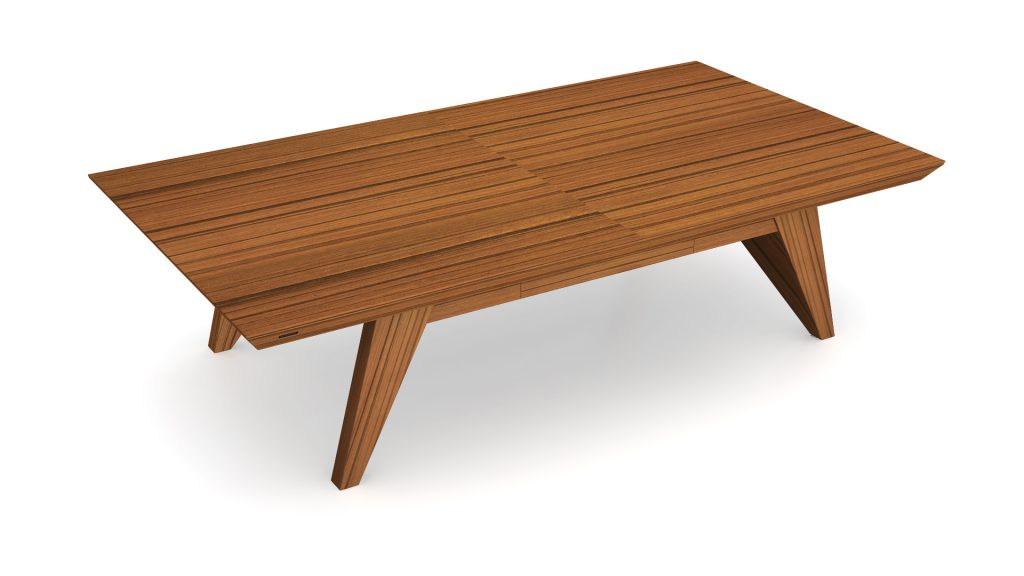 The Trigon Convertible Pool / Dining / Ping Pong Table is a rectangular wooden luxury table featuring angled legs and a smooth surface with a striped pattern on top, set against a plain white background.