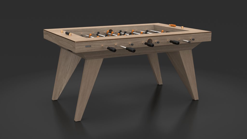 The Trigon Foosball Table presents a luxurious design with a sleek wooden frame, black handles, and a horizontal playing surface featuring foosball player figures in vibrant orange and white, set against a dark backdrop for an elegant blend of style and competitive fun.