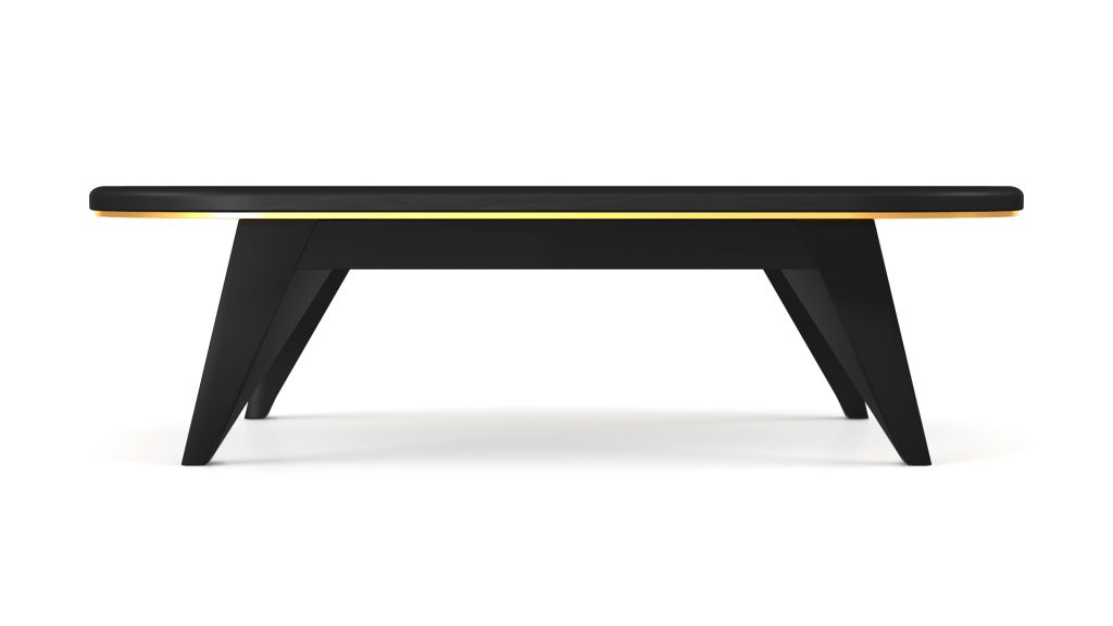A modern Trigon Oval Poker Table in black features a sleek top, angled legs, and a colorful line around its elegant edge.