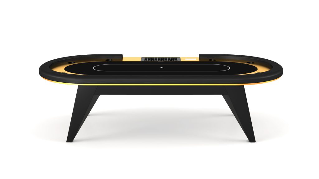 Discover the Trigon Oval Poker Table, featuring a sleek black surface with striking yellow accents, built-in card shufflers, cup holders, and sturdy black legs for an elegant addition to any sophisticated game room.