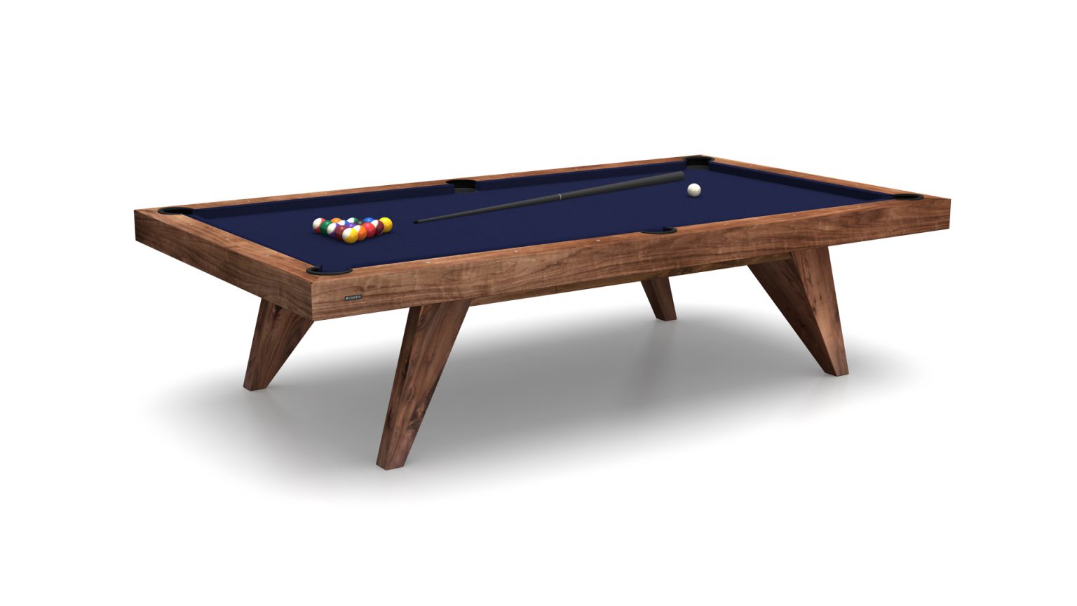 Introducing the Trigon Pool Table: a modern masterpiece featuring a blue felt surface and elegant wooden frame, complete with a triangle rack of vibrant billiard balls and cue stick, ready for play against a plain white backdrop.