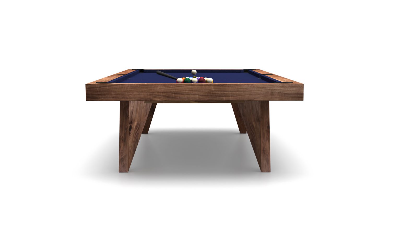 The Trigon Pool Table, featuring a blue felt surface, rests elegantly on a white backdrop. Neatly arranged pool balls and a cue stick accentuate its sophisticated design.