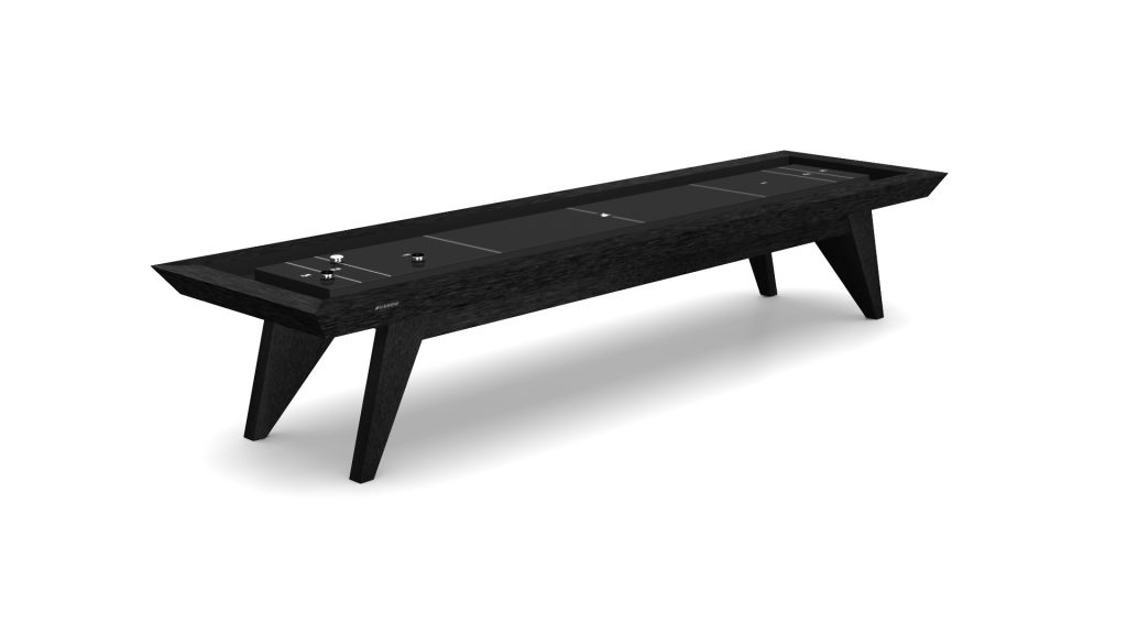The Trigon Shuffleboard Table, sleek and black with a minimalist design, features a smooth playing surface and four sturdy legs. Set against a plain white background, it highlights its modern style.