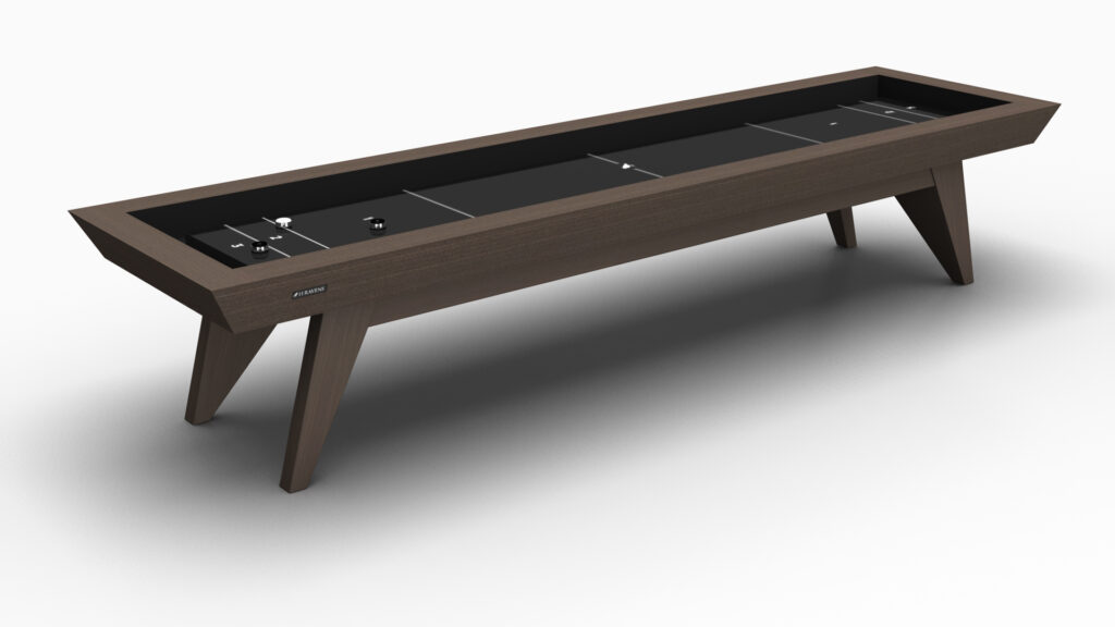 The Trigon Shuffleboard Table features a modern rectangular design with a dark wood frame, angled legs, and a black playing surface with visible pucks and score markings—all set against a white background.
