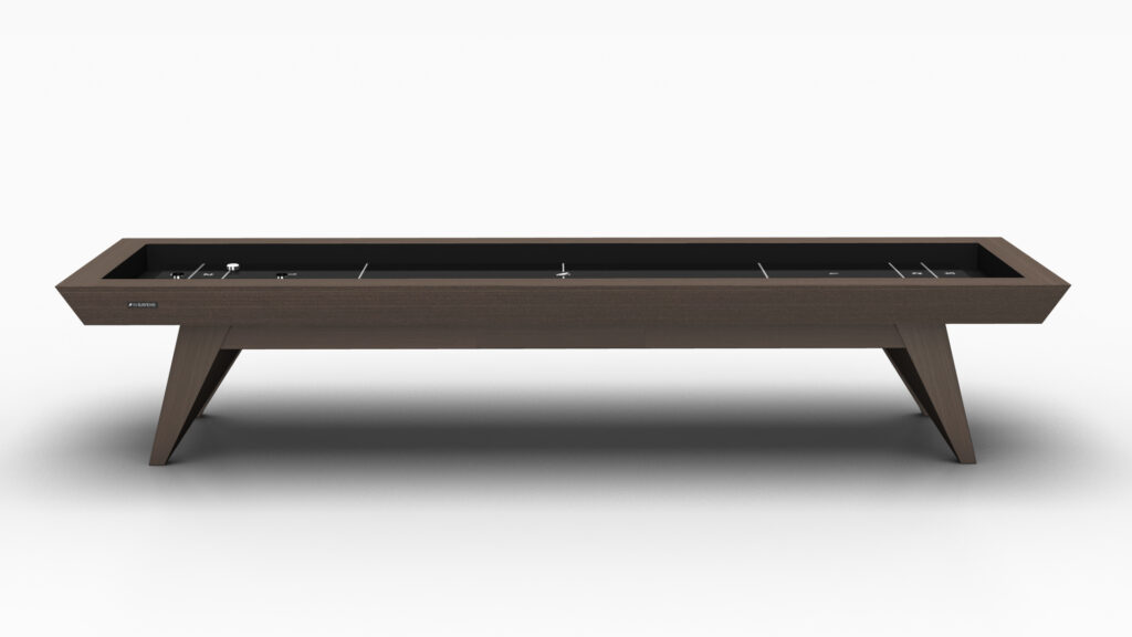 The Trigon Shuffleboard Table features a dark wood finish, black playing surface, and angled legs, showcased against a white background for a modern luxury look.