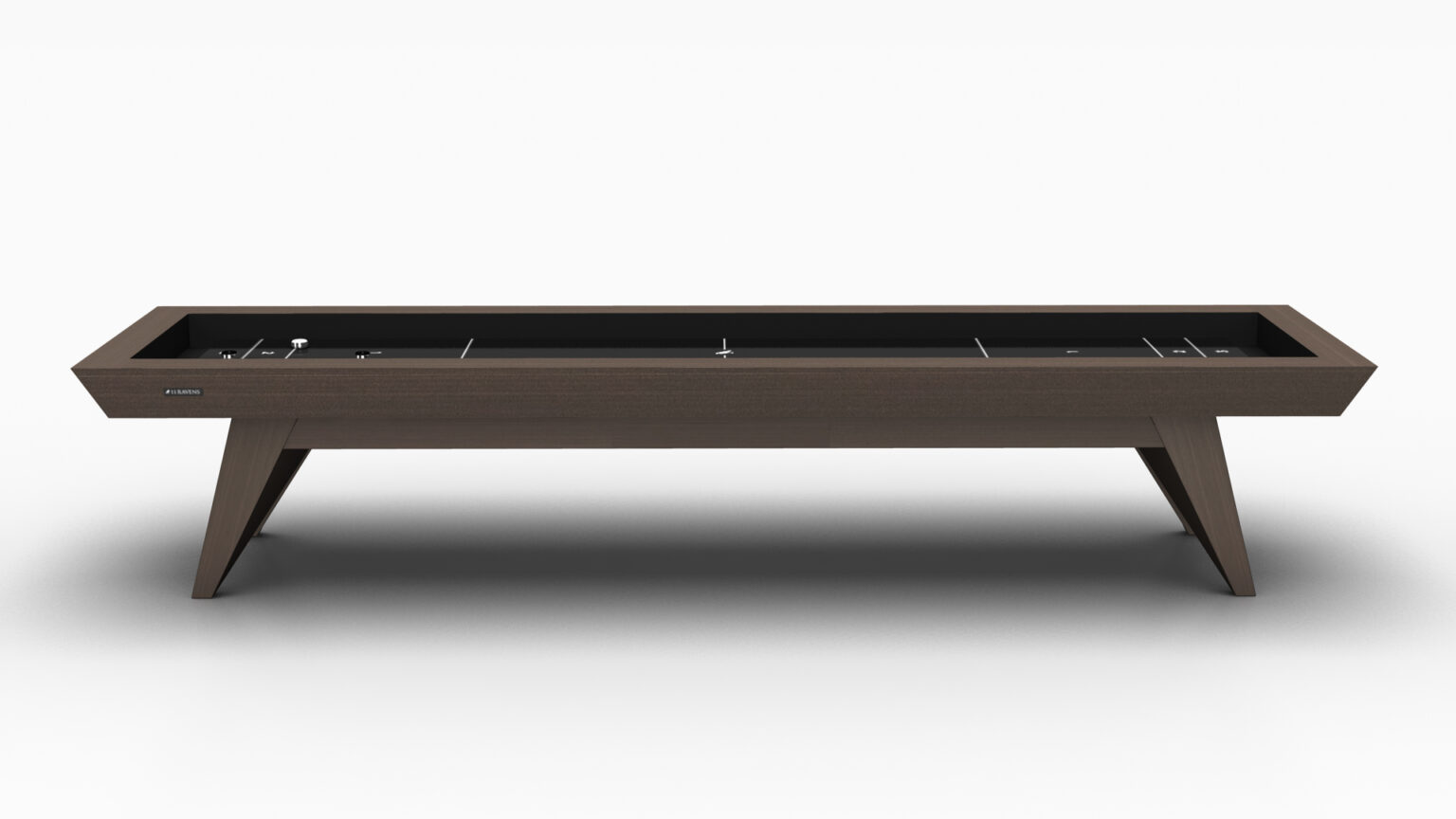 The Trigon Shuffleboard Table features a dark wood finish, black playing surface, and angled legs, showcased against a white background for a modern luxury look.