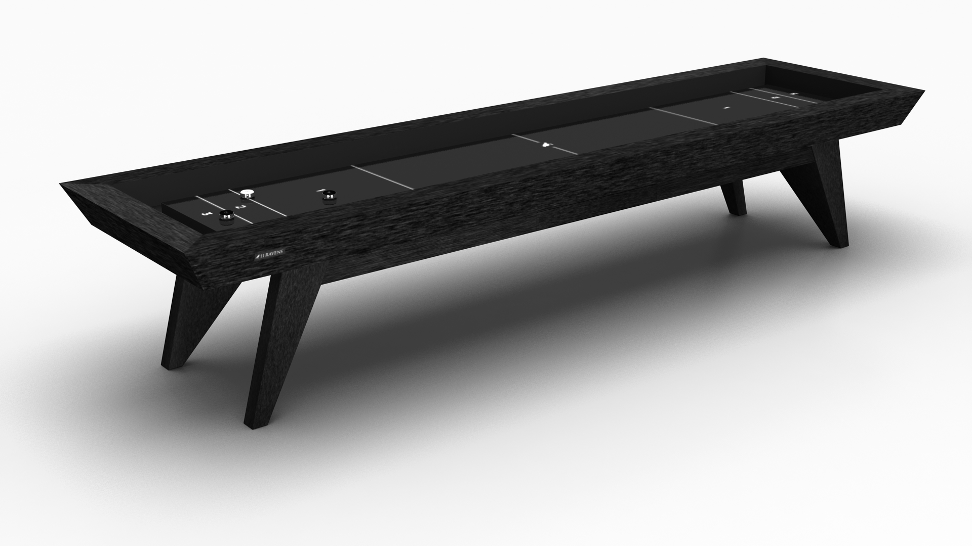 The Trigon Shuffleboard Table features a modern black finish with angled legs on a white surface. Its sleek, minimalist design offers smooth play, visible pucks, and clear scoring zones.