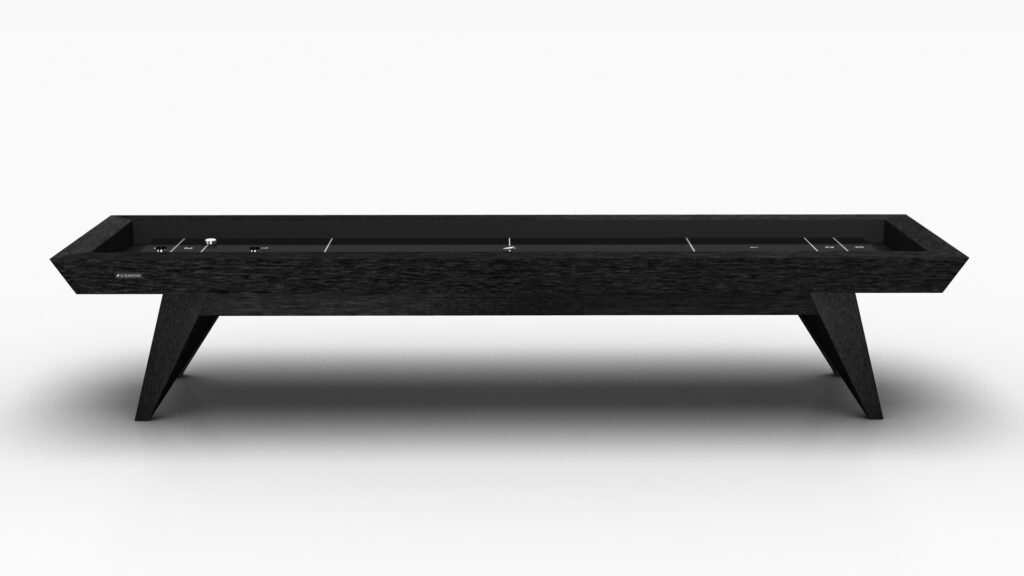 The Trigon Shuffleboard Table features a sleek, modern design with angled legs and a smooth playing surface, shown against a plain white background.