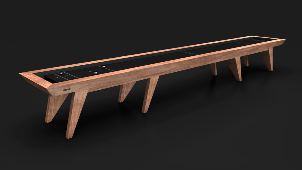 The Trigon Shuffleboard Table features a modern wooden frame, six angled legs, and a sleek black playing surface, making it a stylish centerpiece against any dark background.