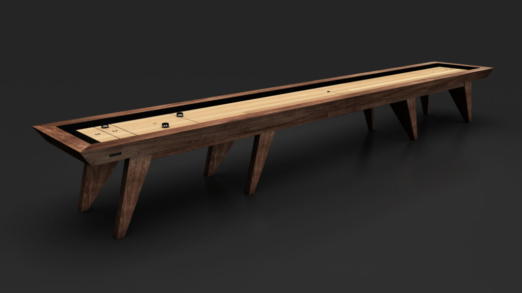 The Trigon Shuffleboard Table showcases a sleek design with a light wooden playing surface, dark wood frame and legs, and several pucks placed on top, all set against a simple dark background.
