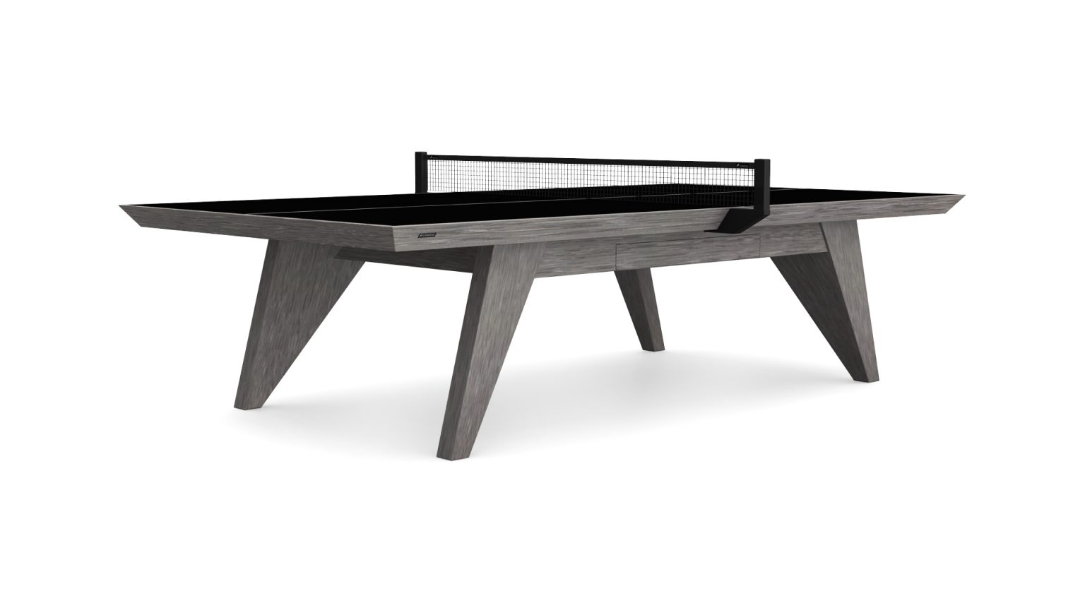 The Trigon Ping Pong Table, with its modern gray finish and sleek, angled legs, features a net across the middle. This luxury wooden table combines minimalist design with functionality, effortlessly blending contemporary style and practicality.