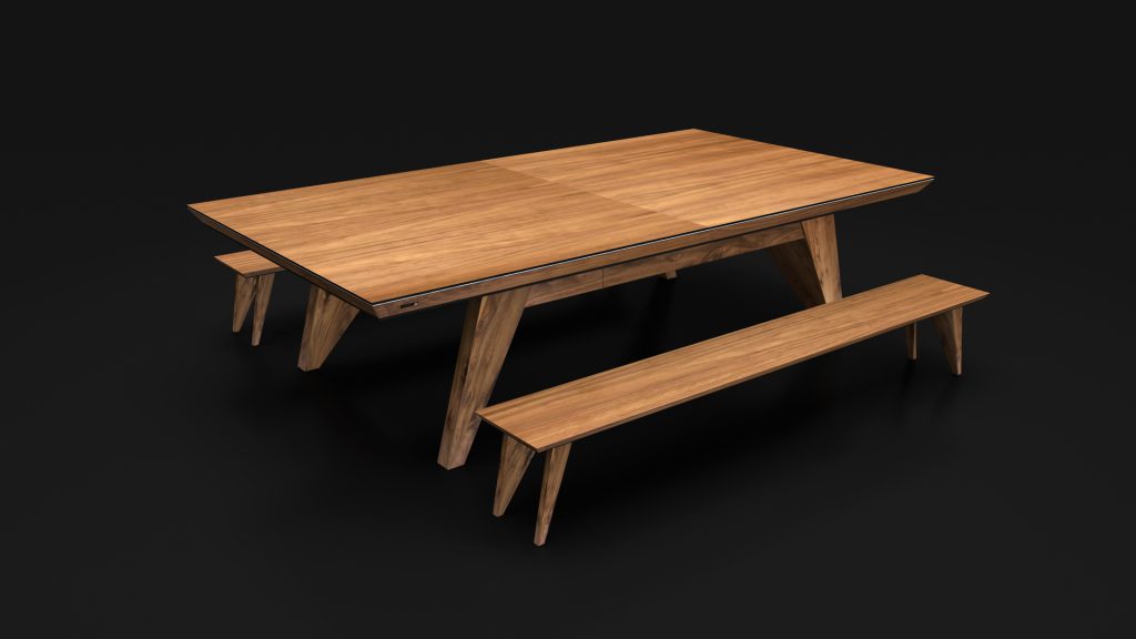 The Trigon Convertible Table, a luxurious wooden piece with a rectangular top and angled legs, transitions into pool, dining, or ping pong modes. Flanked by matching benches on each side, this versatile table stands elegantly against a black backdrop.