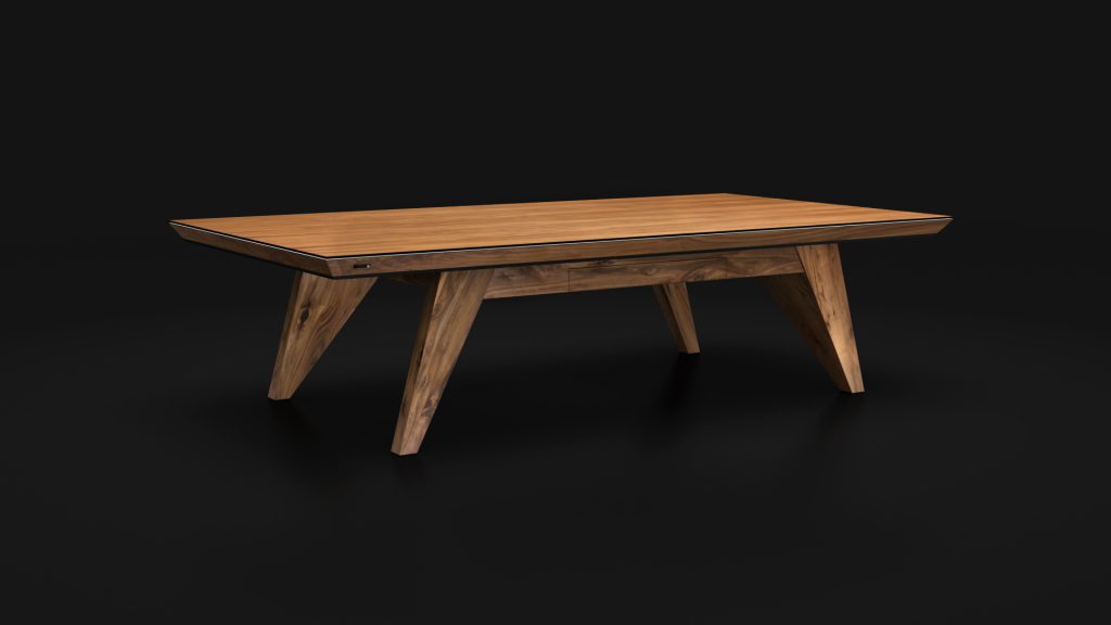 The Trigon Convertible Pool/Dining/Ping Pong Table is a luxury wooden table with a smooth rectangular top and four angled legs, set against a black background, offering a modern minimalist design that effortlessly transitions between dining, pool, or ping pong.