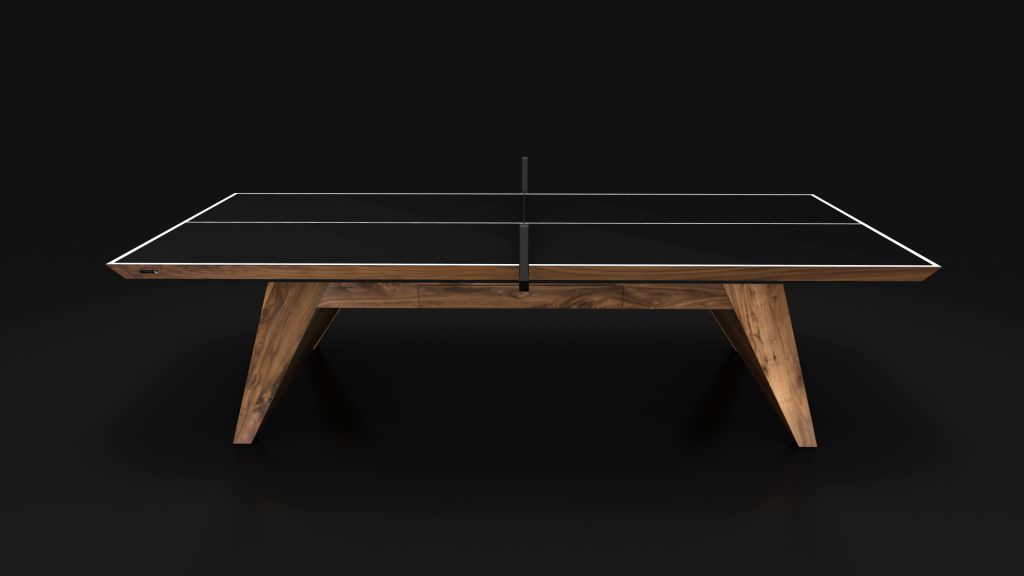 Presenting the sophisticated Trigon Ping Pong Table, this table tennis centerpiece boasts a black surface with sharp white lines and is enhanced by durable wooden legs, making it an impressive addition to any dark setting.