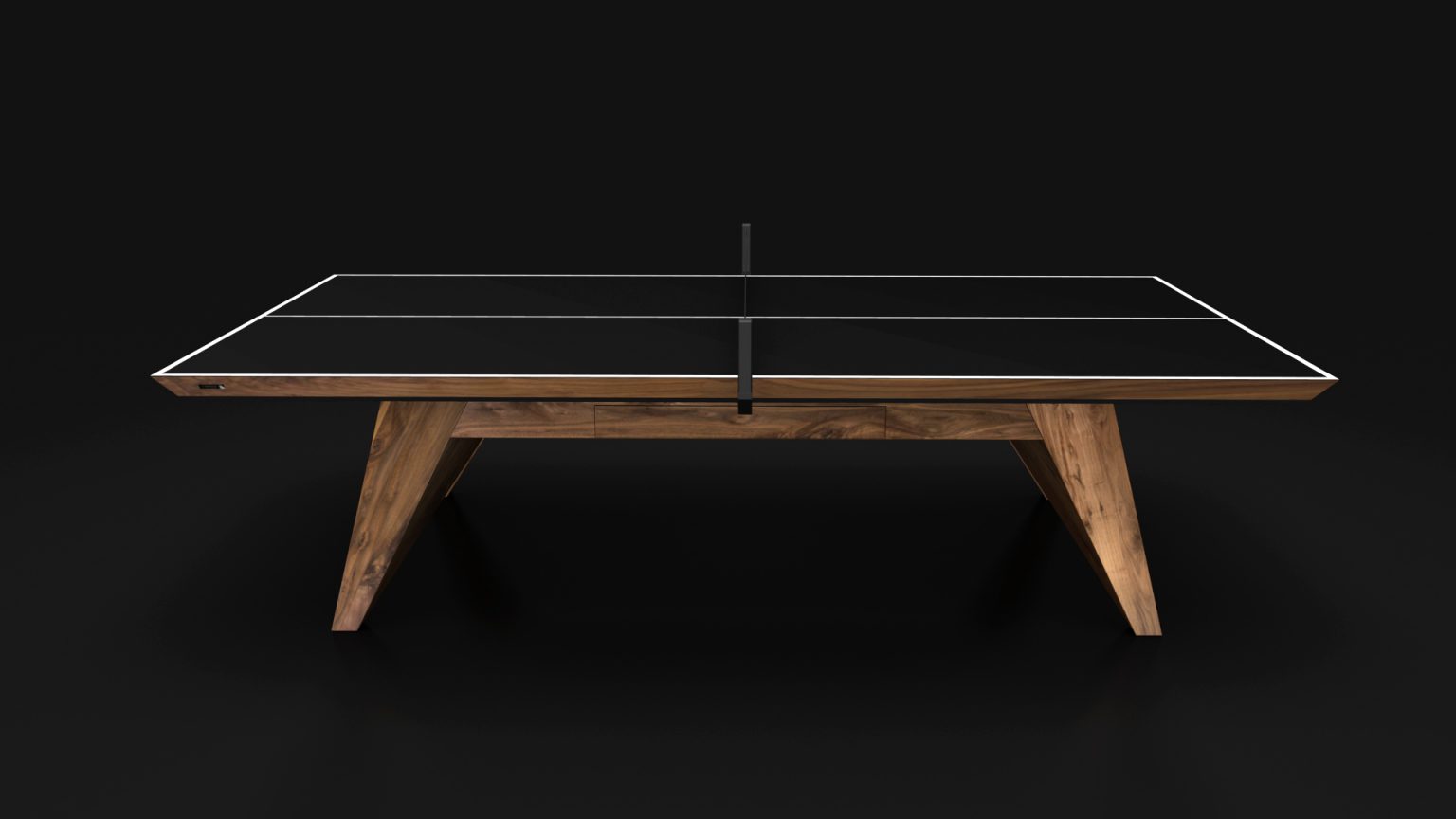Presenting the sophisticated Trigon Ping Pong Table, this table tennis centerpiece boasts a black surface with sharp white lines and is enhanced by durable wooden legs, making it an impressive addition to any dark setting.
