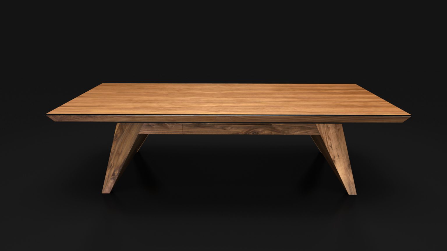 Set against a black background, the Trigon Convertible Table is a sleek, modern rectangular piece with angled legs. It seamlessly transforms between pool, dining, and ping pong table modes, boasting a minimalist design and smooth surface perfect for any occasion.