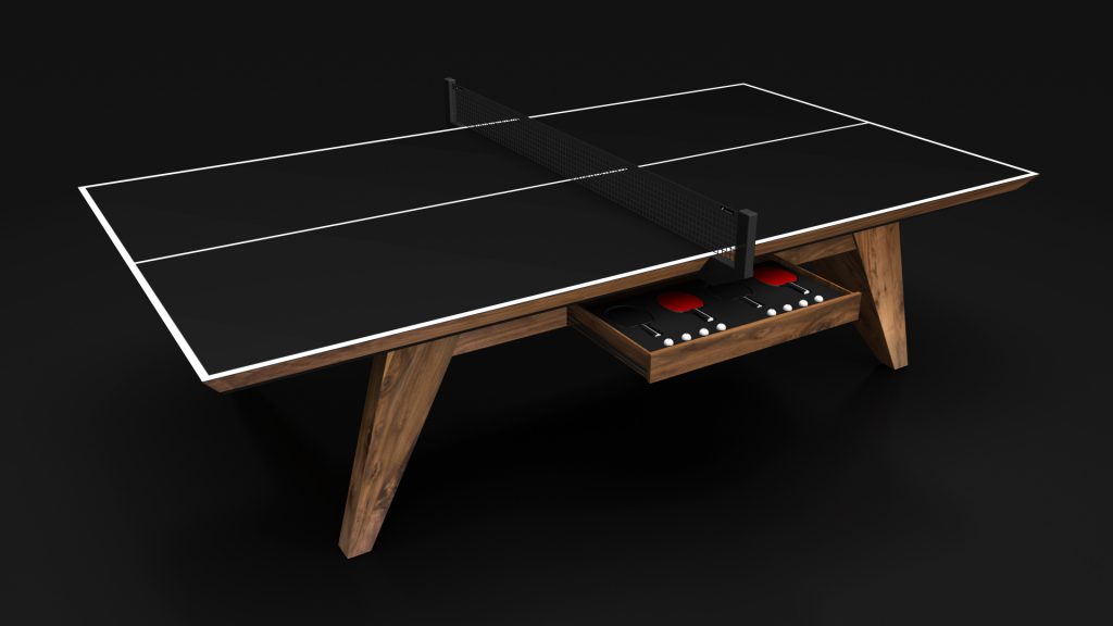 The Trigon Ping Pong Table offers a sleek and modern design with a black top and wooden legs. It includes a center net and an integrated drawer for paddles and balls, all accentuated by its solid black background.