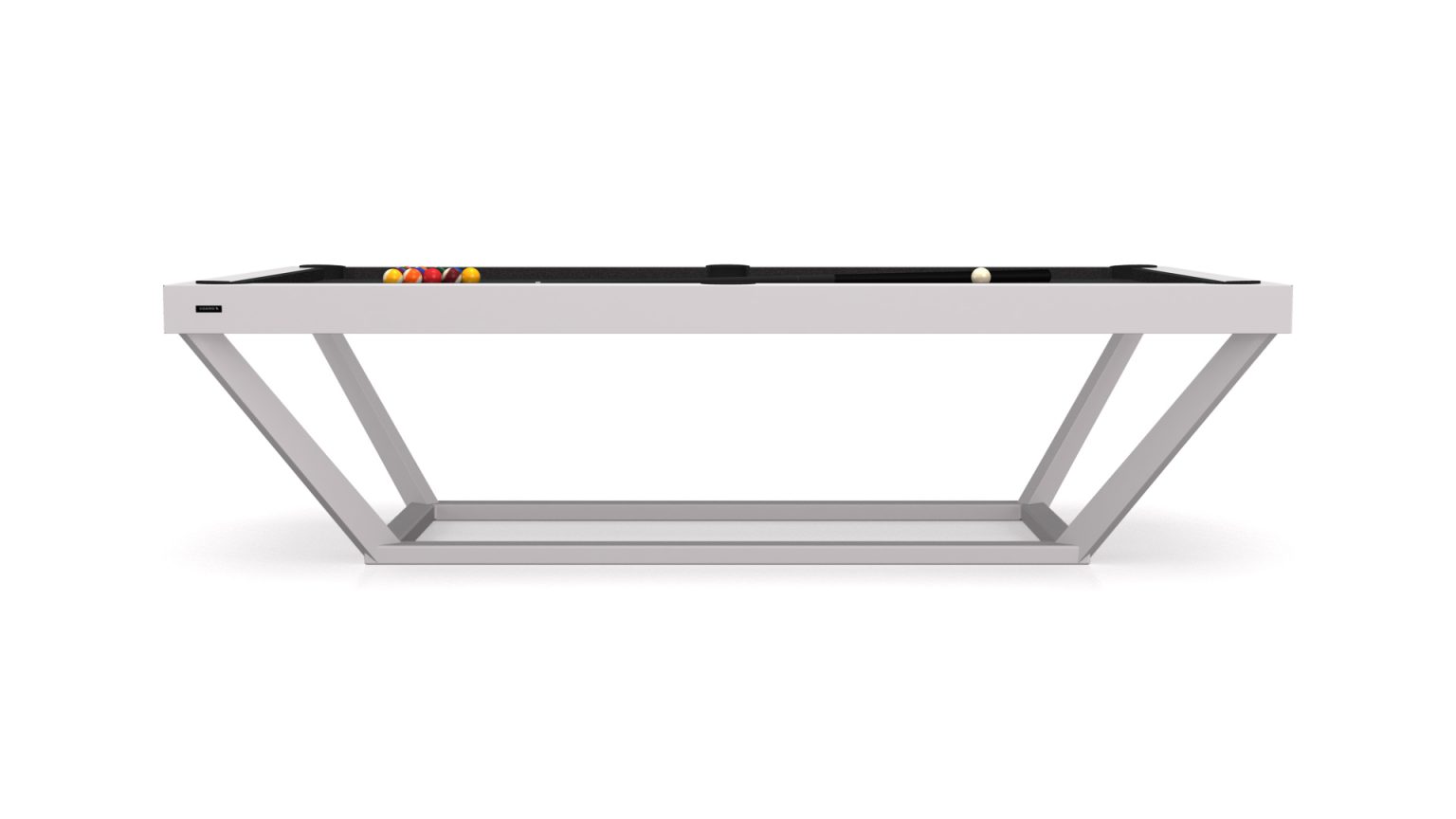 The Vitro Pool Table boasts a modern minimalist design, featuring a sleek white frame, angled supports, a black surface with colorful billiard balls neatly arranged, all set against a pristine white background.