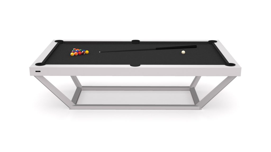 The Vitro Pool Table features a sleek, modern design with a black surface and includes a vibrant set of pool balls arranged in a triangle, a cue stick, and white cue ball. Its minimalist aesthetic is supported by a sturdy metal frame.