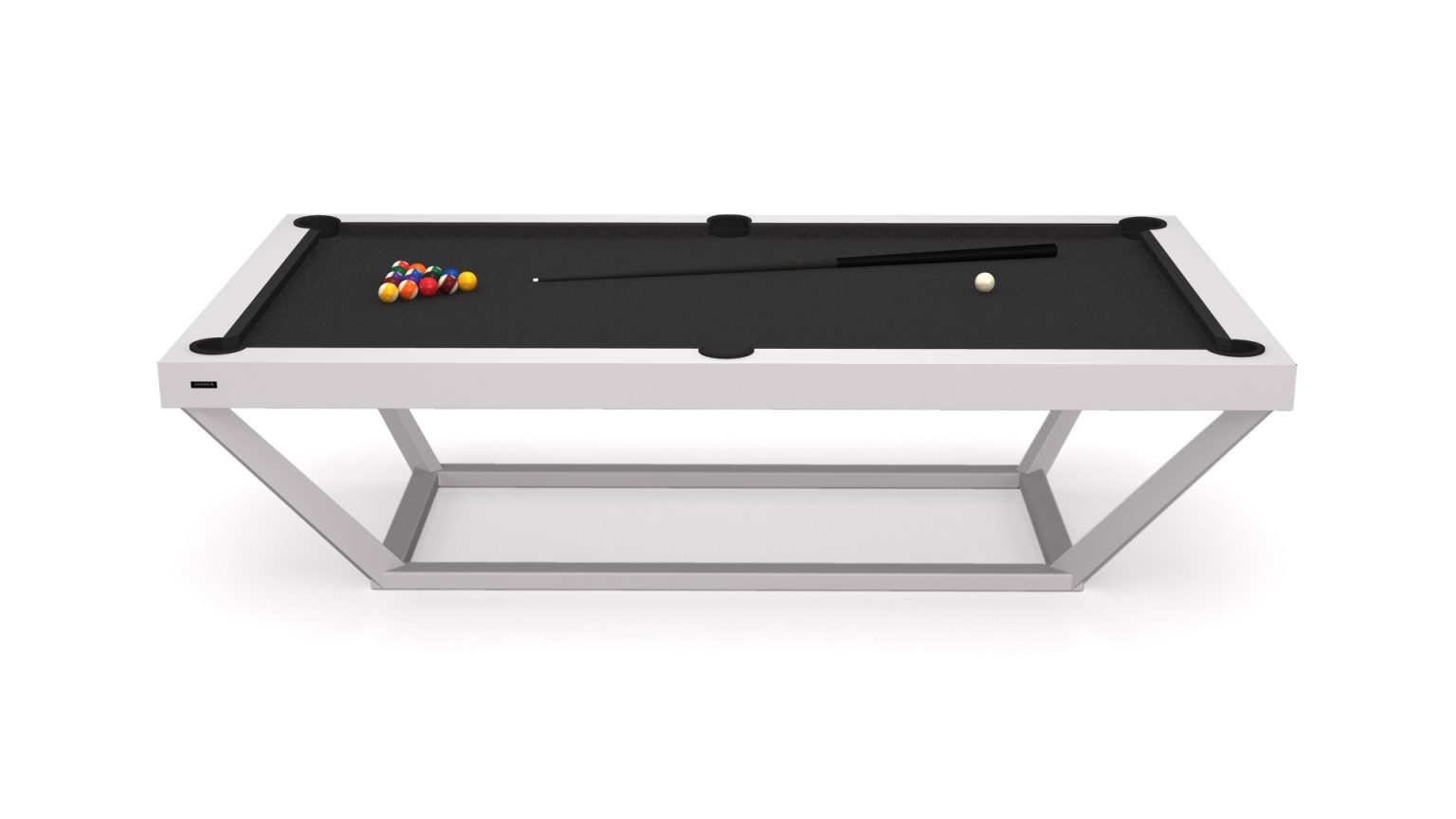 The Vitro Pool Table features a sleek, modern design with a black surface and includes a vibrant set of pool balls arranged in a triangle, a cue stick, and white cue ball. Its minimalist aesthetic is supported by a sturdy metal frame.