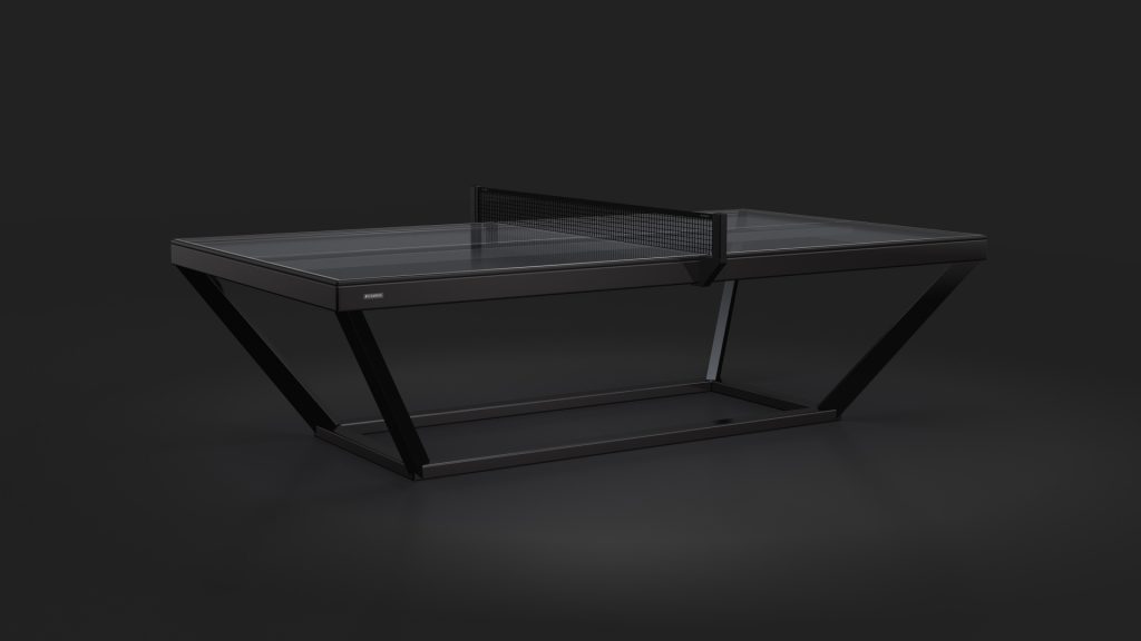 Introducing the Vitro Ping Pong Table—a sleek, modern masterpiece with a transparent surface and black frame. Its central net and angled legs offer exceptional support, making it a functional yet elegant addition to any space.
