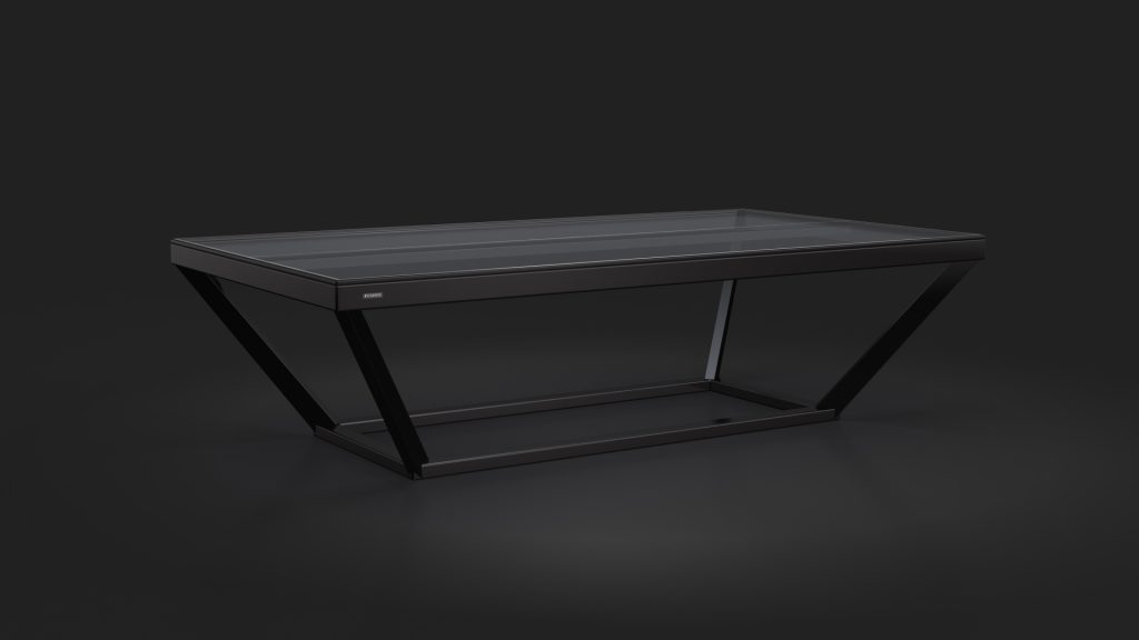 The Vitro Convertible Pool/Dining/Ping Pong Table features a modern, luxurious rectangular glass top with sleek black metal legs in an angular V-shape, effortlessly transitioning between functions and standing elegantly against a dark background.