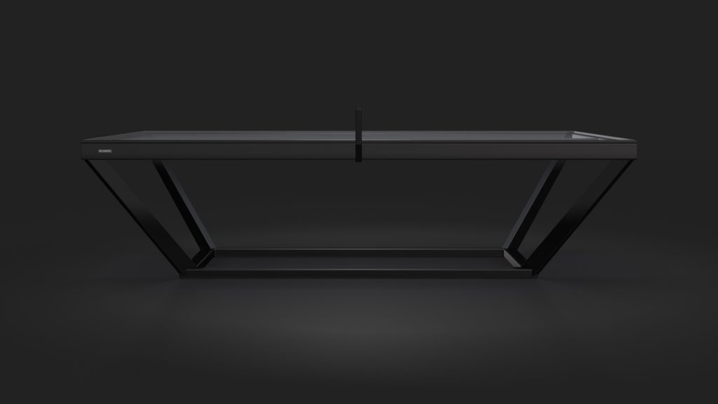 The Vitro Ping Pong Table, with its modern minimalist design featuring a black glass surface and sleek angular legs, exudes luxury when set against a dark background.
