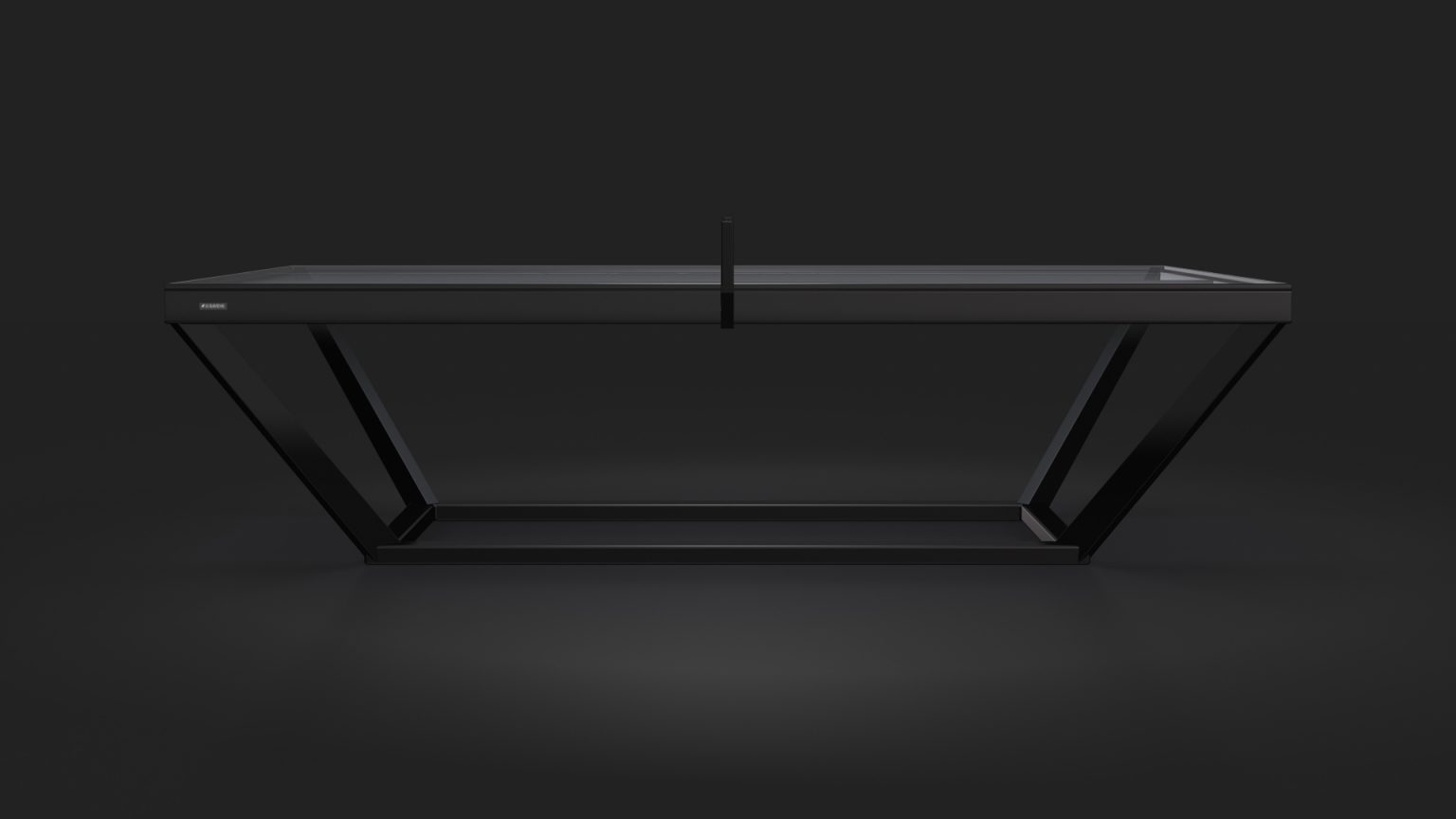 The Vitro Ping Pong Table, with its modern minimalist design featuring a black glass surface and sleek angular legs, exudes luxury when set against a dark background.