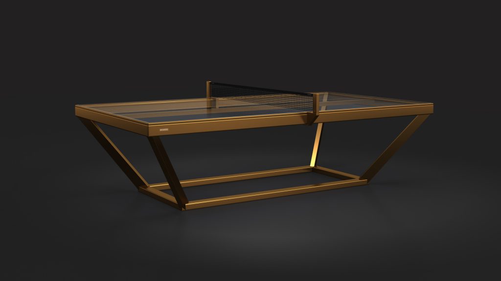 Explore the Vitro Ping Pong Table, a sleek masterpiece with a gold frame and black net. Its minimalist design stands elegantly against dark backgrounds, exuding modern sophistication.
