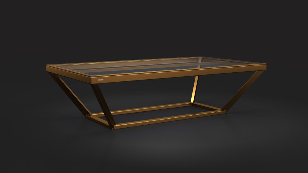 The Vitro Convertible Pool/Dining/Ping Pong Table features a modern glass surface, a minimalist gold metal frame, and clean lines. Its geometric base and sleek design echo luxury aesthetics, providing sophisticated versatility against any dark setting.