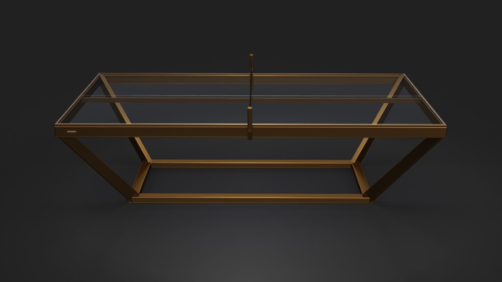 The Vitro Ping Pong Table boasts a sleek, modern design with a luxurious glass top and bronze metal frame. Its geometric base has two diagonal supports and a central tabletop divider, evoking the style of a ping pong table. The dark background highlights its shiny surfaces beautifully.