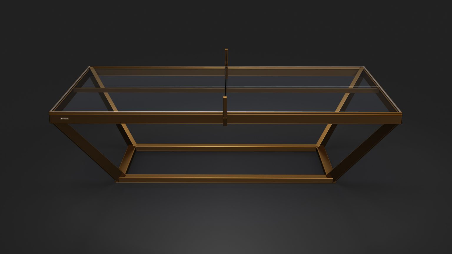 The Vitro Ping Pong Table boasts a sleek, modern design with a luxurious glass top and bronze metal frame. Its geometric base has two diagonal supports and a central tabletop divider, evoking the style of a ping pong table. The dark background highlights its shiny surfaces beautifully.