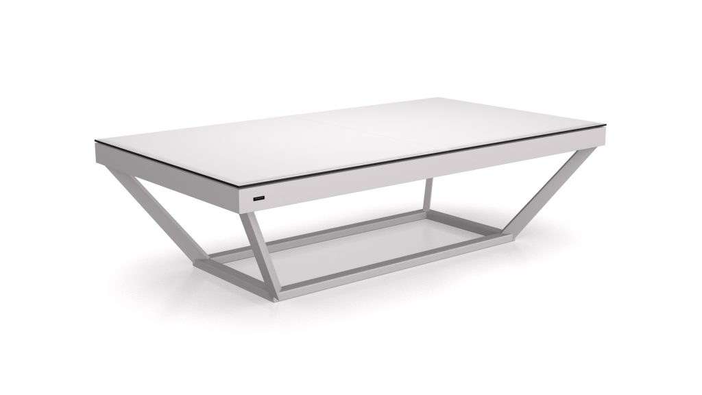 A luxury coffee table with a sleek design, flat rectangular top, and geometric metal legs evokes the elegance of Vitros Convertible Pool/Dining/Ping Pong Table, set against a plain white backdrop.