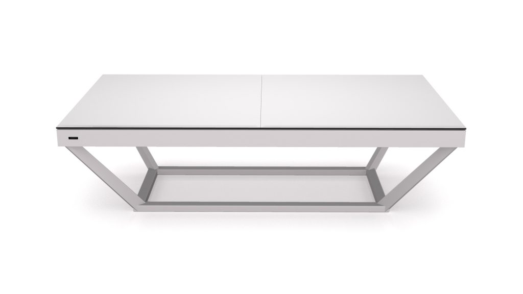 A contemporary minimalist rectangular white table with a sleek metal frame, similar to the Vitro Convertible Pool/Dining/Ping Pong Table. The split top design forms two sections, blending modern style with versatility for office or home use.