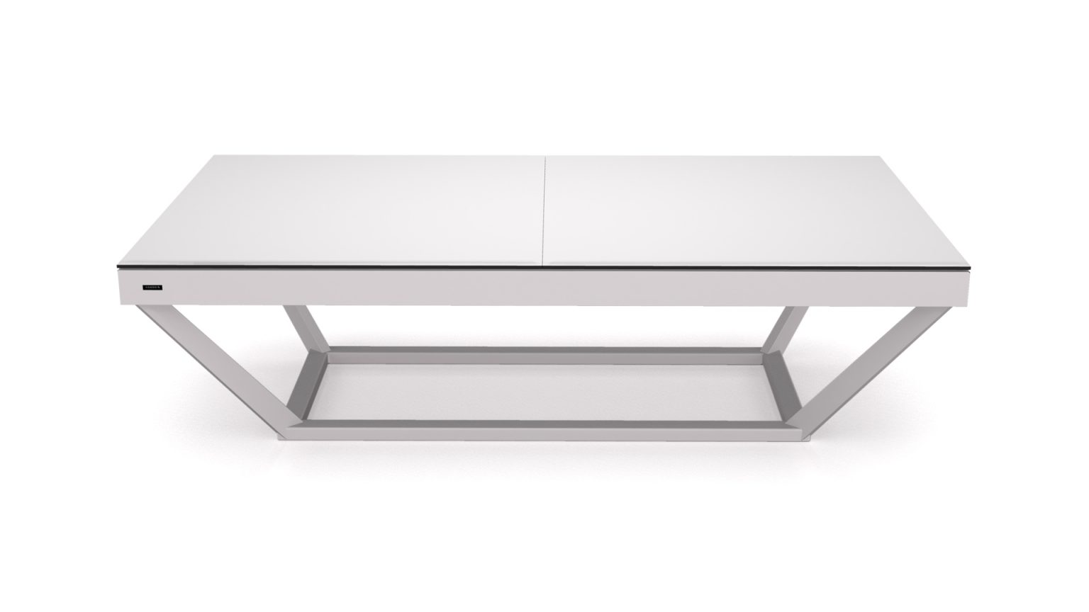 A contemporary minimalist rectangular white table with a sleek metal frame, similar to the Vitro Convertible Pool/Dining/Ping Pong Table. The split top design forms two sections, blending modern style with versatility for office or home use.