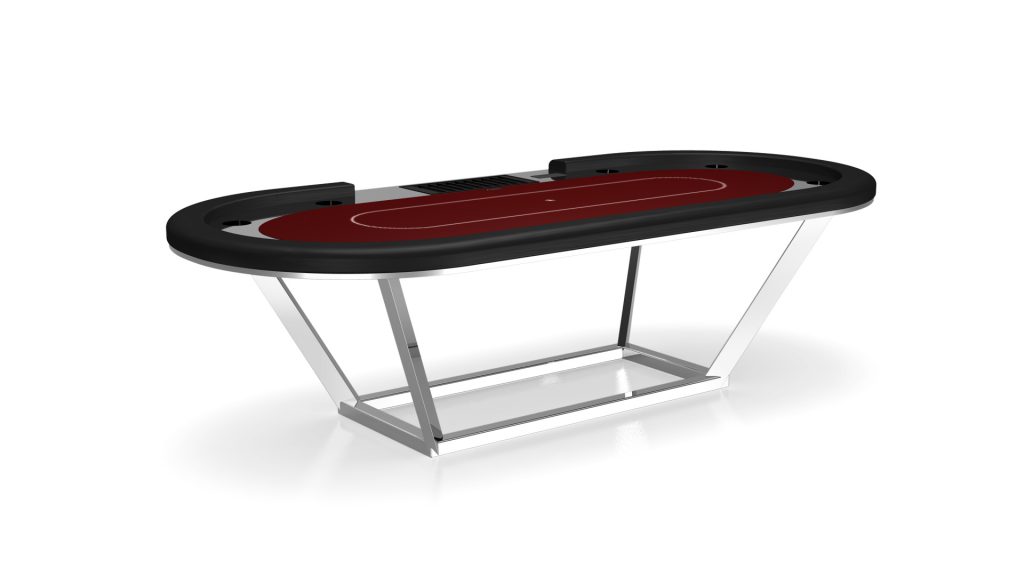 The Vitro Oval Poker Table features a sleek black and red design with an oval shape supported by a sturdy metal frame. It includes built-in card holders and cup holders at the ends, highlighting its modern gaming elegance.